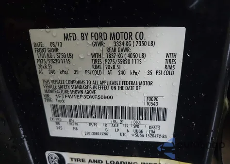 2013 Ford F-150 Lariat z USA, uszkodzony, nr VIN 1FTFW1EF3DKF50900